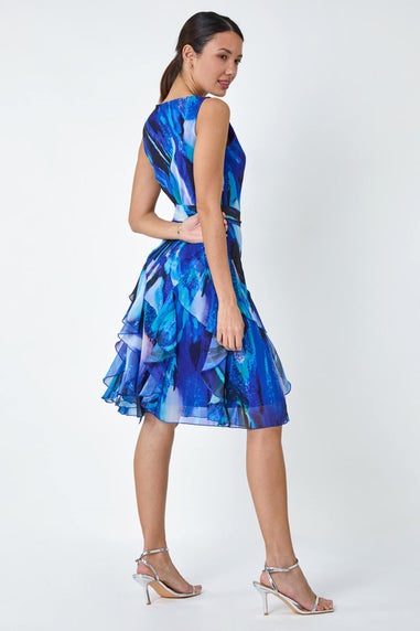 Roman Blue Abstract Print Frill Detail Dress