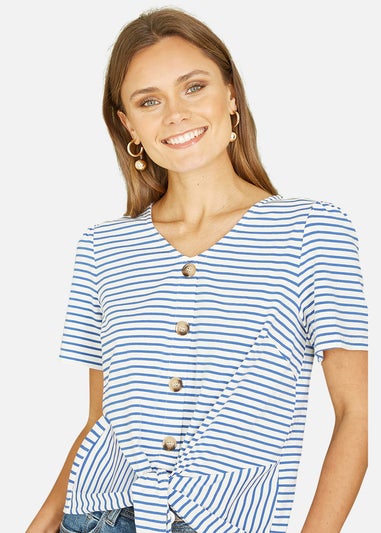 Yumi Blue Striped Jersey Button Detail Top