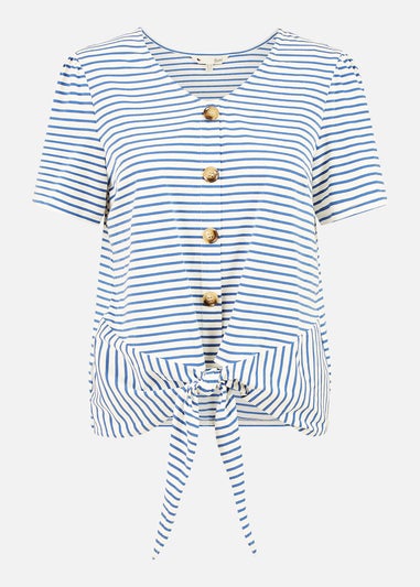 Yumi Blue Striped Jersey Button Detail Top