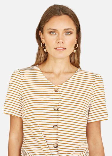 Yumi Brown Striped Jersey Button Detail Top