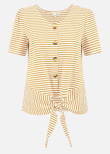 Yumi Brown Striped Jersey Button Detail Top