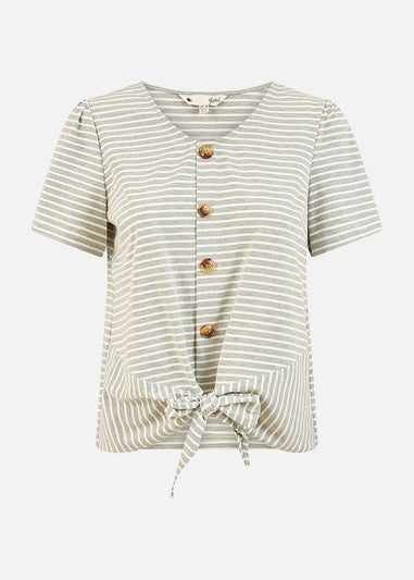 Yumi Grey Striped Jersey Button Detail Top