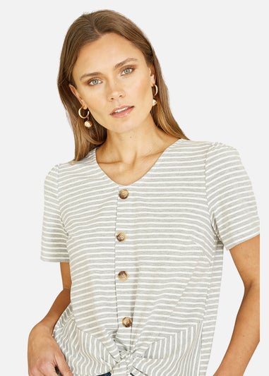 Yumi Grey Striped Jersey Button Detail Top