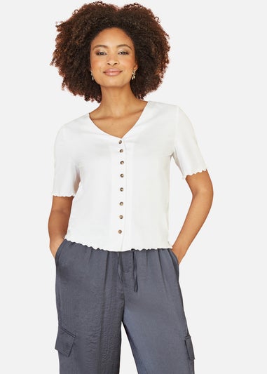 Yumi White Cotton Button Detail T-Shirt