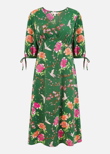 Yumi Green Recycled Crane Print Kimono Midi Dress