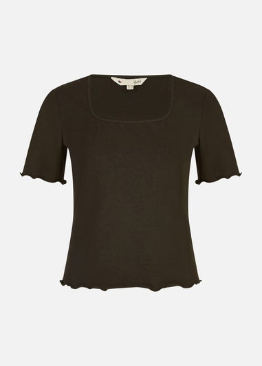 Yumi Black Cotton Jersey Lettuce Trim T-Shirt