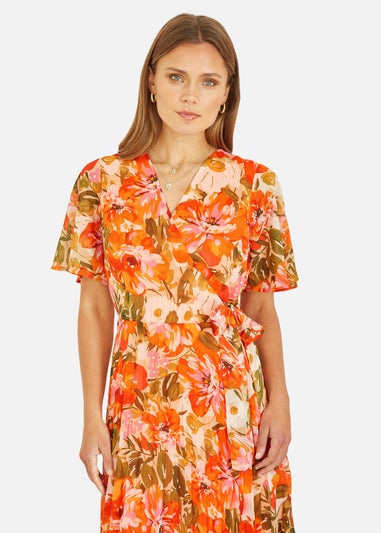 Yumi Orange Floral Midi Wrap Pleated Dress