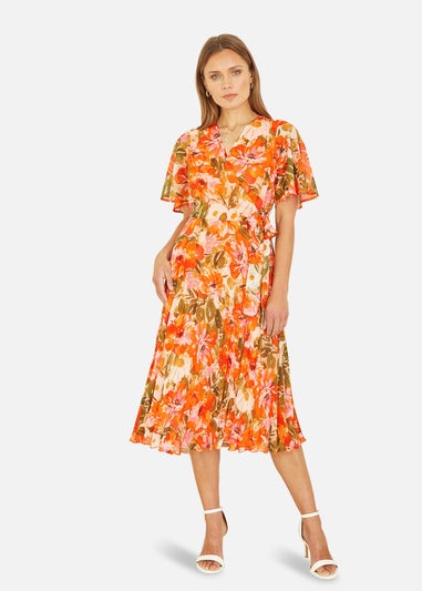 Yumi Orange Floral Midi Wrap Pleated Dress