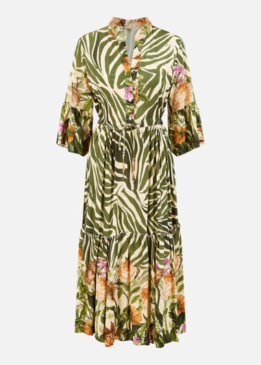 Yumi Green Viscose Zebra And Floral Print Midi Dress