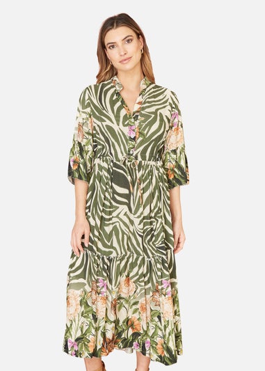 Yumi Green Viscose Zebra And Floral Print Midi Dress