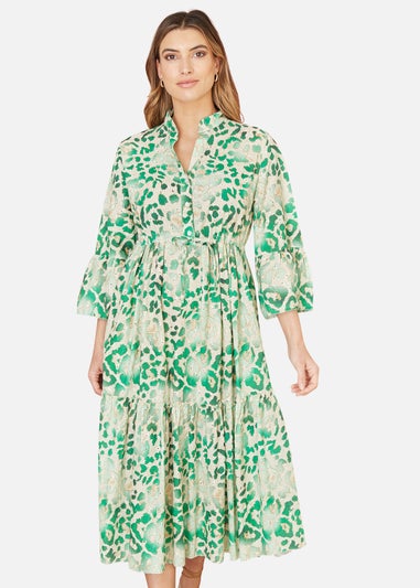 Yumi Green Animal Print Broderie Anglaise Cotton Midi Shirt Dress