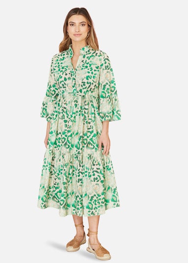 Yumi Green Animal Print Broderie Anglaise Cotton Midi Shirt Dress