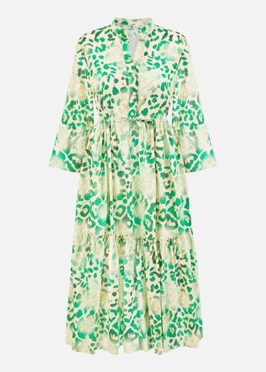 Yumi Green Animal Print Broderie Anglaise Cotton Midi Shirt Dress