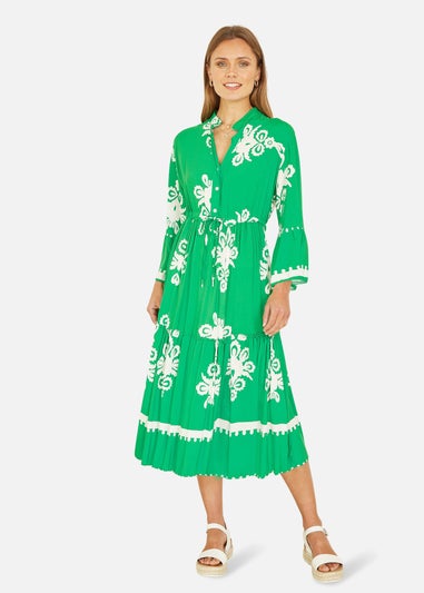 Yumi Green Viscose Midi Dress With Long Sleeves