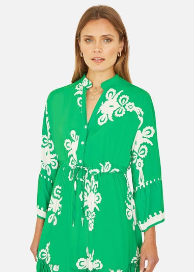 Yumi Green Viscose Midi Dress With Long Sleeves