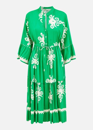 Yumi Green Viscose Midi Dress With Long Sleeves