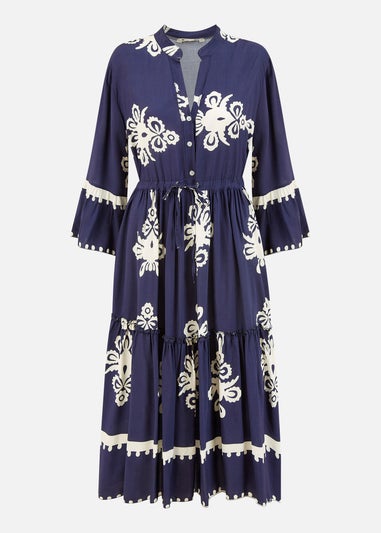 Yumi Navy Viscose Midi Dress With Long Sleeves