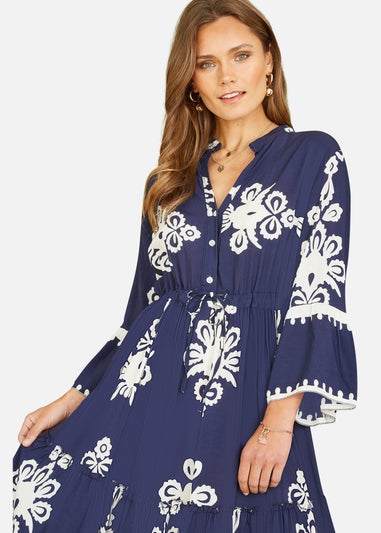 Yumi Navy Viscose Midi Dress With Long Sleeves