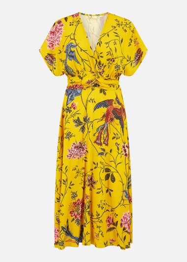 Yumi Yellow Viscose Bird And Floral Print Ruched Waist Midi Dress