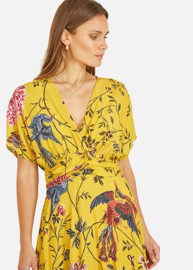 Yumi Yellow Viscose Bird And Floral Print Ruched Waist Midi Dress