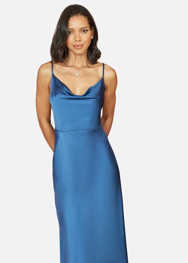 Yumi Navy Satin Cowl Neck Midi Dress