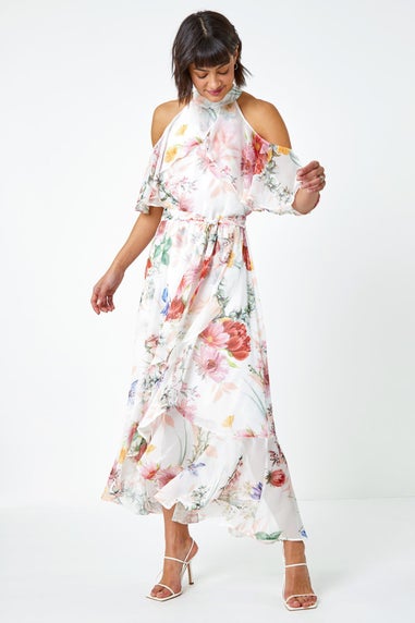 Roman Ivory Halterneck Floral Chiffon Frill Dress