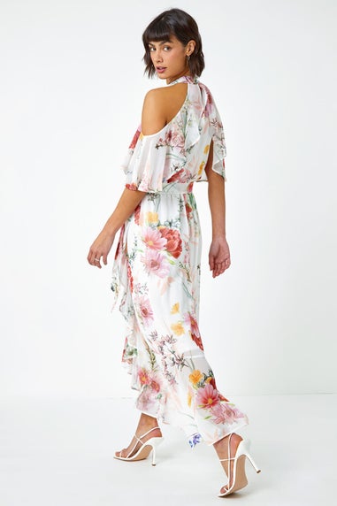 Roman Ivory Halterneck Floral Chiffon Frill Dress