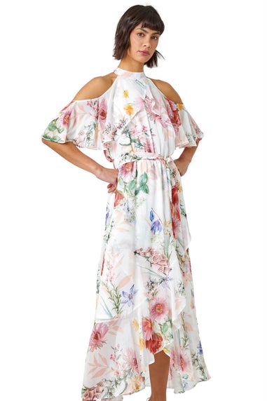 Roman Ivory Halterneck Floral Chiffon Frill Dress