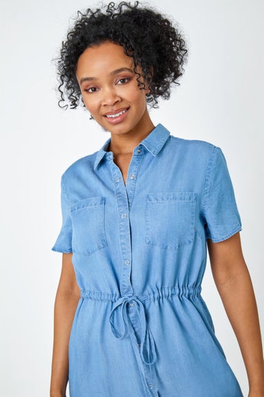 Roman Petite Light Denim Petite Tie Waist Denim Shirt Dress