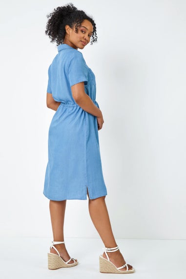 Roman Petite Light Denim Petite Tie Waist Denim Shirt Dress