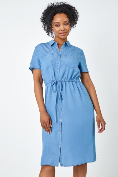 Roman Petite Light Denim Petite Tie Waist Denim Shirt Dress