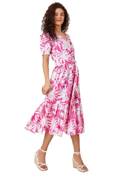 Roman Fuchsia Cotton Floral Print Tiered Midi Dress