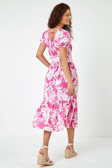 Roman Fuchsia Cotton Floral Print Tiered Midi Dress