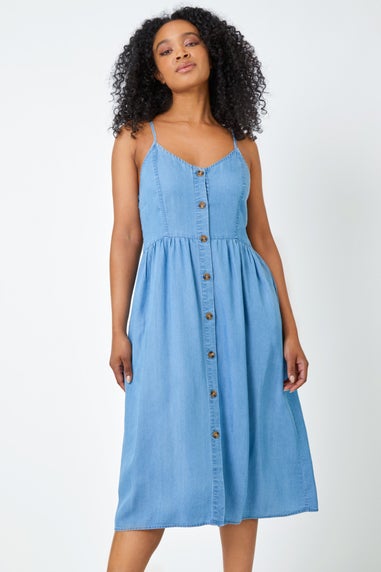 Roman Petite Light Denim Petite Sleeveless Denim Midi Dress