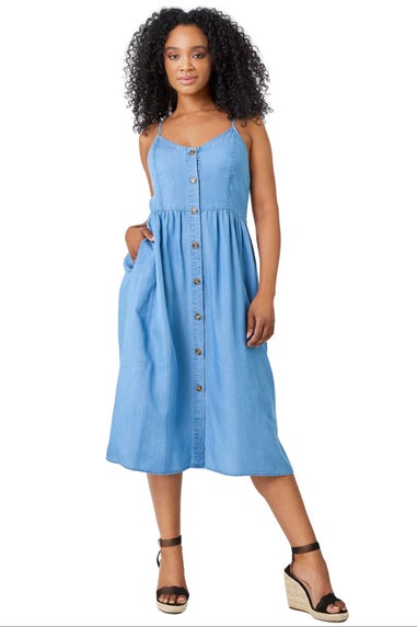 Roman Petite Light Denim Petite Sleeveless Denim Midi Dress