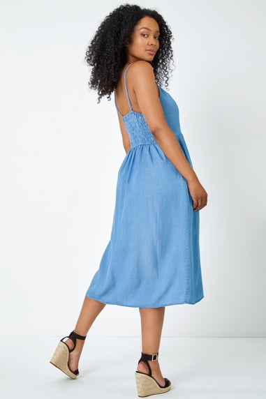 Roman Petite Light Denim Petite Sleeveless Denim Midi Dress