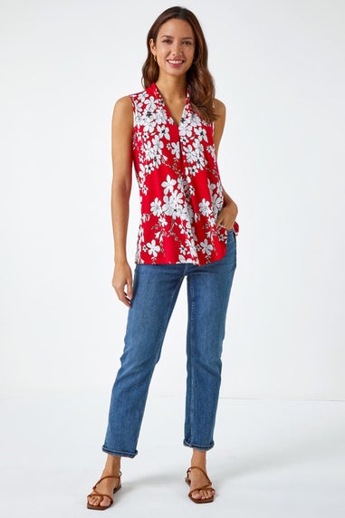 Roman Red Textured Floral Print Sleeveless Top