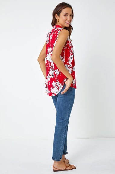 Roman Red Textured Floral Print Sleeveless Top