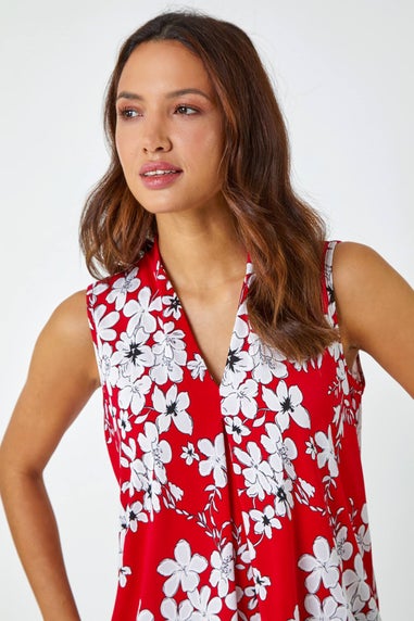 Roman Red Textured Floral Print Sleeveless Top