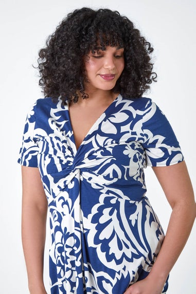 Roman Navy Curve Floral Print Twist Front Dress