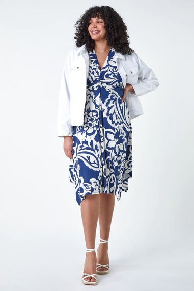 Roman Navy Curve Floral Print Twist Front Dress