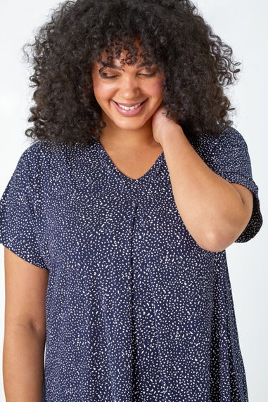 Roman Curve Navy Ditsy Spot Print V-Neck Stretch Top