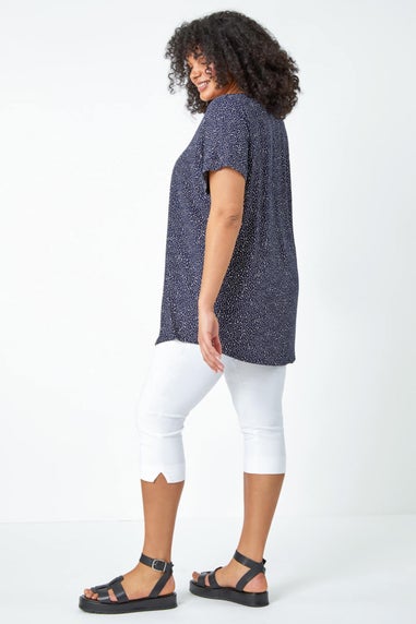 Roman Curve Navy Ditsy Spot Print V-Neck Stretch Top