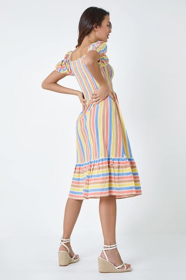 Roman Yellow Stripe Shirred Puff Sleeve Cotton Dress