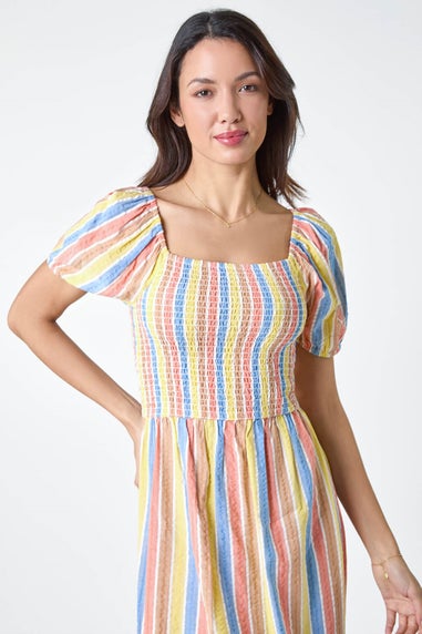 Roman Yellow Stripe Shirred Puff Sleeve Cotton Dress