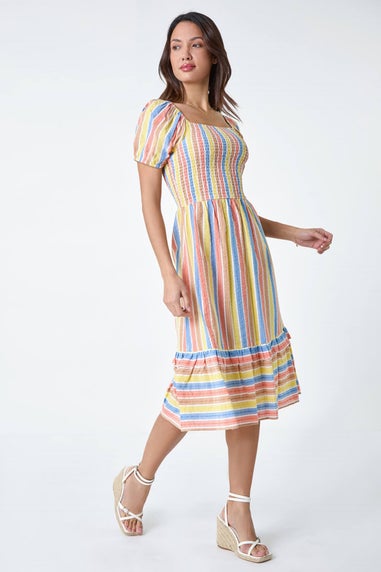 Roman Yellow Stripe Shirred Puff Sleeve Cotton Dress