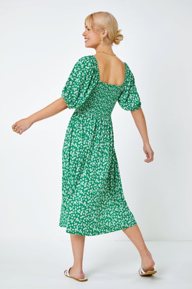 Roman Dusk Green Ditsy Floral Print Shirred Dress