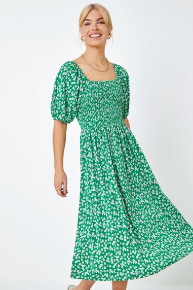 Roman Dusk Green Ditsy Floral Print Shirred Dress