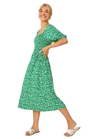 Roman Dusk Green Ditsy Floral Print Shirred Dress