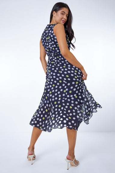 Roman Petite Navy Petite Spot Print Frill Trim Dress